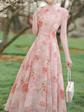 Pink Stand Collar Rose Flower Print Cat's Eye Button Cap Sleeve Cheongsam Dress