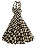 Black Checkerboard Print Halter Backless 1950S Vintage Swing Dress