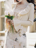 2PS Apricot Floral Print Spaghetti Strap Velvet Dress With White Knit Cardigan Dress Suit