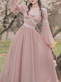 Pink Rose Girl Retro Lace V-neck Chiffon Long Lantern Sleeve Dress