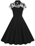 Black Peter Pan Semi Mesh Flower Short Sleeve 50S Swing Dress