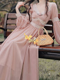 Pink Rose Girl Retro Lace V-neck Chiffon Long Lantern Sleeve Dress