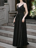 Black Suspender Deep V-neck Satin Backless Maxi Dress Prom Dress With Cape