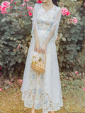 White Lace V Neck Off Shoulder Sleeve Vintage Dress