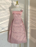 Pink Camellia Flower Spaghetti Strap Tweed Party Dress