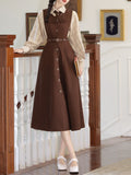 2 Piece Brown Retro Suspender Dress with Apricot Plaid Shirt