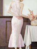 Pink Cheongsam Fishtail Maxi Dress Prom Dress With White Cape