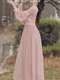 Pink Rose Girl Retro Lace V-neck Chiffon Long Lantern Sleeve Dress