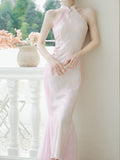 Pink Cheongsam Fishtail Maxi Dress Prom Dress With White Cape