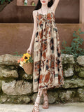 2PS Brown Spaghetti Strap Tropical Pattern Holiday  Dress With White Long Sleeve Cardigan