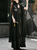 Black Suspender Deep V-neck Satin Backless Maxi Dress Prom Dress With Cape