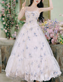 2PS White Floral Print Ruffles Spaghetti Strap Princess Dress With White Shawl Dress Suit