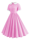 Pink Peter Pan Collar Plaid Short Sleeve 1950S Vintage Swing Dress