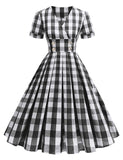 Black V Neck Plaid Audrey Hepburn Style Cocktail Swing Dress