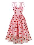 Pink Strawberry Embroidered 1950s Vintage Swing Dress