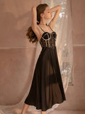 Women Chemise Black Spaghetti Strap Silk-like Lace Backless Lingerie